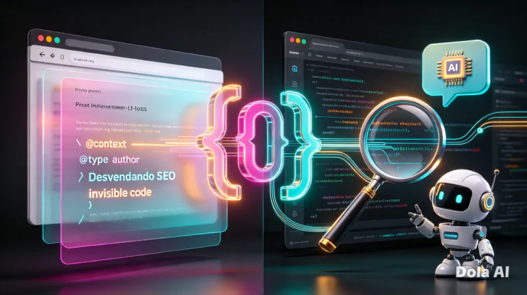 Ilustração de código Schema Markup em JSON-LD conectando um site ao Google e a assistentes de IA