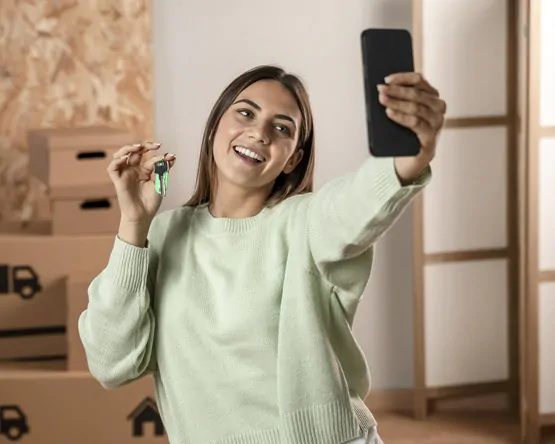 mulher-sorridente-com-tiro-medio-segurando-o-telefone